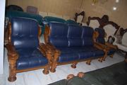 №01080.Диван тройка и два кресла синий кожаный  бу из Голландии.